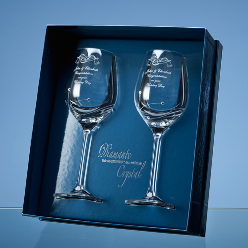 2 Diamante Wine Glasses with Elegance Spiral Cutting