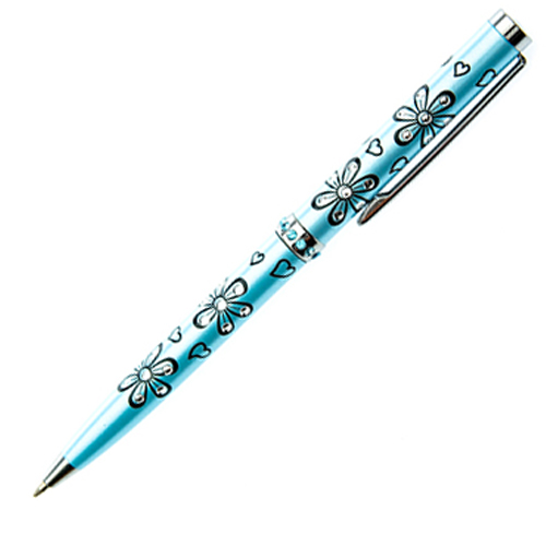 Blue Pearlized Flowers Crystal Ball Point Pen
