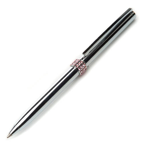Pink Crystal Polished Chrome Ballpoint Pen - Gift Box