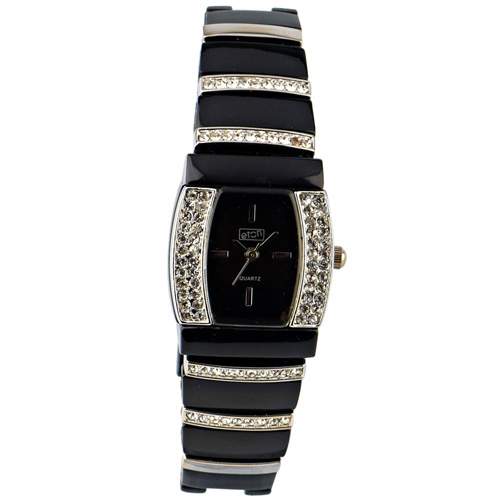Curved Diamante Case Black Bracelet Watch