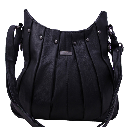 Soft Black Cowhide Leather Plated Zipped Top Handbag