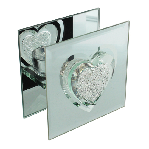 Hestia Glass & Mirror Single T-Lite Holder Crystal Heart