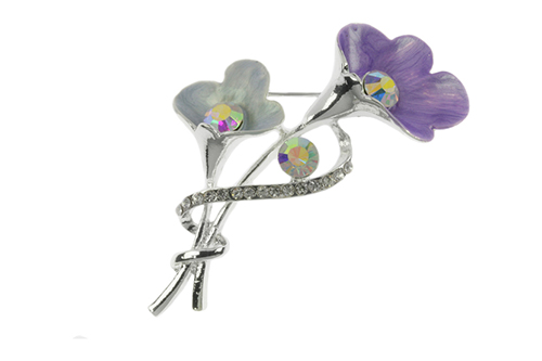 Silver PlatedEnamel Flower Petal & Crystal Brooch