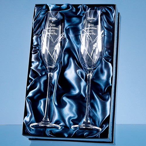 2 Diamante Champagne Flutes with Heart Shaped Cutting